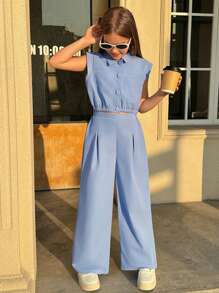 Firerie Kids Firerie Kids Nova Glow 2 件套青少年女孩休闲领口袋衬衫和直筒裤，通勤装 - 淺藍色 - 查看 3