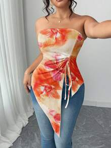 Elenzga 大码女式假日度假风格针织抹胸不对称下摆扎染印花休闲短款上衣