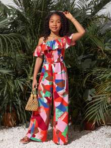 SHEIN Completo da ragazza pre-adolescente in 2 pezzi: top a balze con stampa geometrica colorata e spalle scoperte + pantaloni larghi e morbidi, abbigliamento casual per vacanze e feste