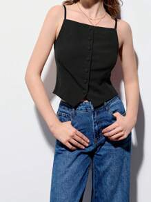 Maija 2025 New Business Casual Women's Vest, Adjustable Spaghetti Strap Front Button Closure Knit Tank Top, Suitable For Winter And Summer - Black - View 1