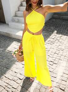 SHEIN VCAY Butter Yellow Summer Vacation 2 Pieces Sets Woman,Casual Backless Two Pieces Outfits For Daily Wear,Beach Holiday Rave Outfits Festival,Pants Set - Yellow - View 12