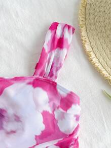 SHEIN Traje de baño de una pieza con estampado floral y fruncido de tul para niña preadolescente, lindo y adecuado para primavera y verano