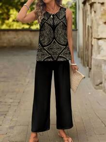 EMERY ROSE 2pcs Set Women Casual Allover Print Round Neck Tank Top & Pants Suit, Suitable For Summer Fall Clothes - Multicolor - View 3