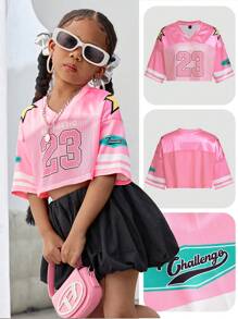 SHEIN SLAYR KIDS Young Girl Knit Numeric Pattern V-Neck Loose Casual T-Shirt