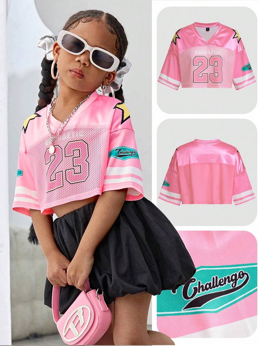SHEIN SLAYR KIDS Young Girl Knit Numeric Pattern V-Neck Loose Casual T-Shirt