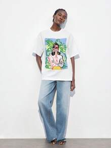 Maija 超大宽松休闲印花T恤，舒适棉质，适合夏季 - 白色 - 查看 4