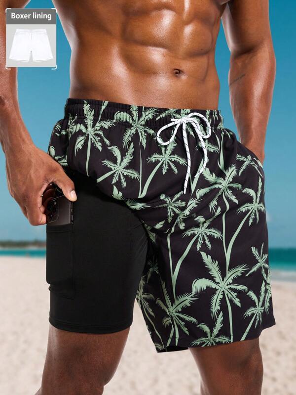 Manfinity VDAYZ Short de plage à cordon de serrage avec imprimé palmiers, grande taille homme, hawaïen