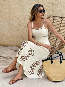 SHEIN Frenchy Vestido de vacaciones con bordado de hojas en los tirantes para mujer, verano