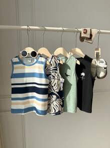 4pcs/Set Young Boy Summer Casual Versatile Comfortable Palm Tree,Leaf,Dinosaur Striped Print Round Neck Sleeveless Loose Knitted Top For School,Daily - Multicolor - View 4