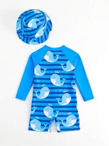Newborn Baby Blue Striped Whale Print Swimsuit Set, UV-Protection One-Piece Baby Beach Clothes Boy Baby Boy Clothes Beach Beach Clothes For Boys Baby Beach Wear Baby Beach Clothes