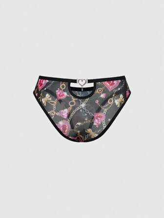 J-Fashion Y2K Subculture Gyaru Diamond Studded Heart Chain Mesh Print Triangle Brief Panties
