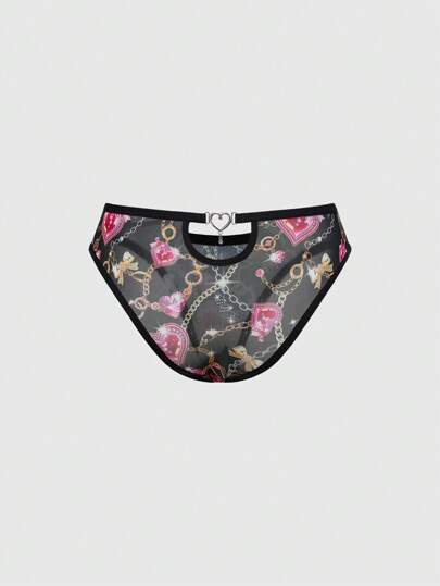 J-Fashion Y2K Subculture Gyaru Diamond Studded Heart Chain Mesh Print Triangle Brief Panties
