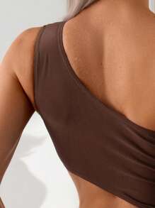 Swim Lushoire Women's Elegant Sexy Hollow Drawstring Waist Slimming Brown Sling One-Piece Swimsuit, Vacation Style For Summer - Mocha Brown - View 5