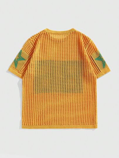 Prep Men's Summer Street Letter Pattern Hollow-Out Knitted Short Sleeve Top