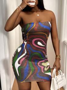 Slaydiva Women's Chic Rainbow Wave Print Tube Top Mini Sweater Dress,Brown And Pink Autumn Sleeveless Hip Skirt,Leisure Vacation Club Night Bodycon - Multicolor - View 5