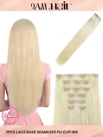 Seamless Clip Ins 7 件 95 克 613# 漂白金色全头蕾丝 PU 双纬夹式真人发接发，HQ 雷米真人发无缝 PU 夹式接发，适合女士