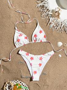 Swim Vcay 2 chiếc/bộ đồ bơi bikini tam giác hở lưng họa tiết hoa mới gợi cảm dành cho nữ, phong cách ngày lễ - Màu be - Xem 2
