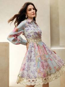 Anewsta 新款波西米亚风格三色花卉印花 Polo 领蕾丝花边腰带 A 字下摆连衣裙，春夏，优雅，度假，休闲