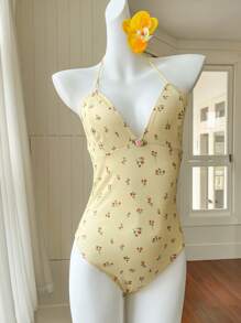 Comfortcana New Summer Beach Dress Vacation Outfits Butter Yellow Ditsy Floral Holiday Summer Bodysuit Seaside Beach