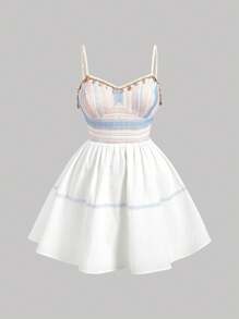 SHEIN MOD Vestito mini in taglia grande per vacanze, in maglia traforata, con gonna a toppework a righe blu e bianche