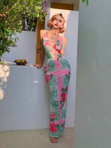 DAZY Sexy Form-Fitting Floral Print V-Neck Stylish Vacation Bodycon Dress Wedding Women Dresses