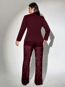 Viva Relle Set elegante da donna taglie forti composto da giacca con colletto a bavero e maniche lunghe in colore unito, e pantaloni in in rete impreziositi da perle, adatto per San Valentino