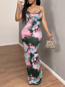 SHEIN SXY Váy dạ hội họa tiết tie-dye thanh lịch, gợi cảm và thoải mái - Màu Hồng Tươi - Xem 3