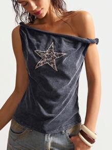 Bohemela Women Boho Strapless Casual Solid Color Knitted Cropped Shoulder T-Shirt, Suitable For Mother's Day, Music Festival, Denim Style, Summer - Black - View 6