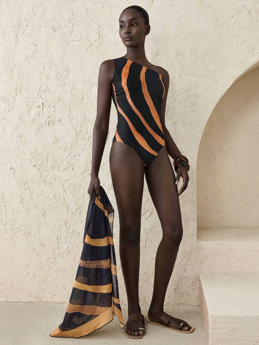 Ontre Conjunto de traje de baño estampado de cebra negro y naranja para mujer para festivales de música, conciertos, festivales de música country, estilo de vacaciones, cubierta de playa, primavera/verano 2025