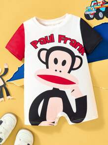 Paul Frank X SHEIN Tutina casual comoda per bambini maschietti, a maniche corte, con stampa di scimmiette