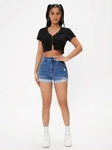 SHEIN PETITE Shorts de mezclilla de moda para mujer, apropiados para el verano