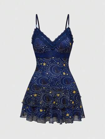 Hippie Robe courte casual de femme avec imprimé lune et étoile