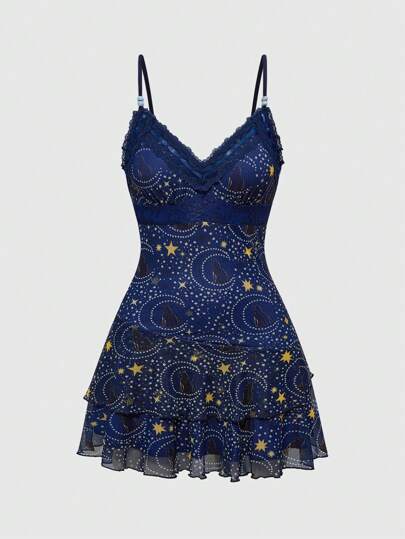 Hippie Women Moon & Star Print Casual Camisole Short Dress