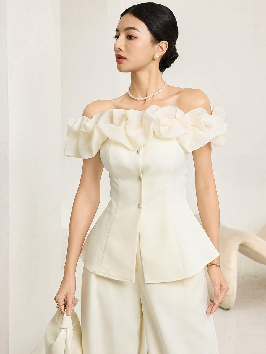 Heiryn 女士时尚优雅不对称肩部上衣和裤子两件套 - 杏色 - 查看 1