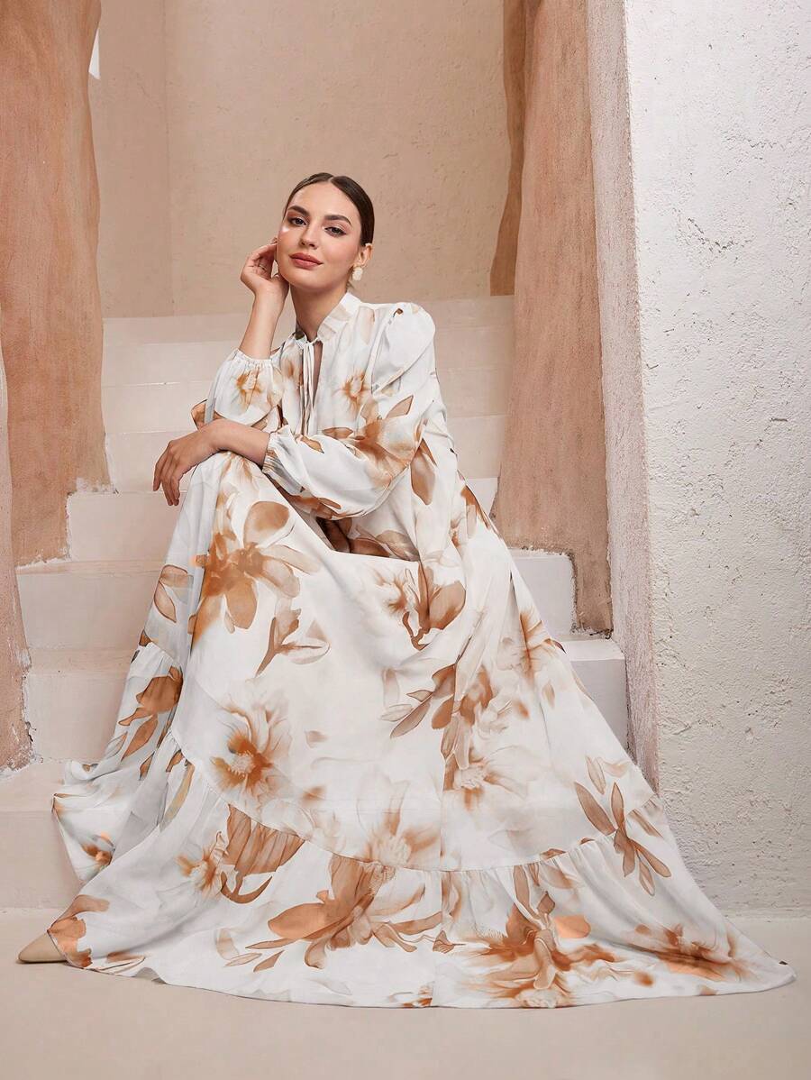 Graceveil Đầm dài tay cổ buộc họa tiết hoa thanh lịch cho nữ, đi nghỉ - Màu vàng - Xem 1