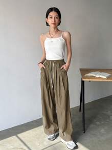 FRIFUL Women's Casual Solid Color Drawstring Waist Straight Leg Pants - Olive Green - View 2