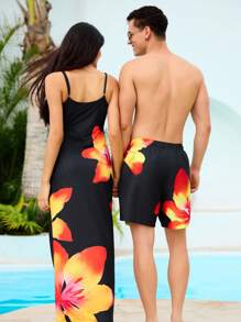 Manfinity VDAYZ Men's Floral Print Drawstring Waist Beach Shorts, Summer