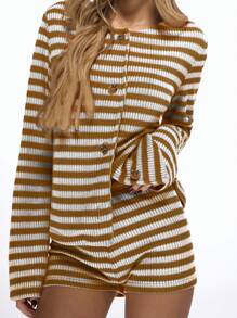 MISSGUIDED Conjunto a juego de punto acanalado con botones, manga larga, de cintura alta, short ciclista tipo loungewear para otoño e invierno