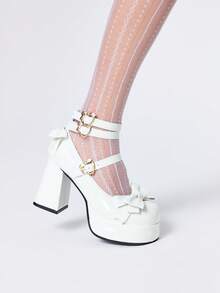 ROMWE Kawaii Sapatos Mary Jane femininos de salto alto branco, bico fechado, com tira, plataforma, estilo lolita/gótico, decoração com laço, scarpins estilo japonês Sweet JK - Branco - Ver 3