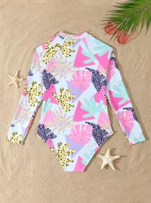 2 piezas Traje de baño de una sola pieza con estampado de hojas y leopardo 2025 para niñas, a la moda y elegante para nadar, vacaciones, verano - Multicolor - Ver 2