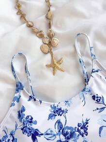 SHEIN Teen Girls Vacation Ditsy Floral Side Bow Decor Casual One-Piece Swimsuit With Cover-Up Skirt Set For Summer