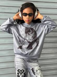 SHEIN Explorewe 2 件套 女童卡通印花连帽领长袖上衣和裤子休闲装 - 灰色 - 查看 5