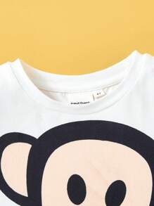 Paul Frank X SHEIN 2 buc/Set Tânăr Băiat Imprimat Desene Animat Alb Casual Drăguț Tricou cu mânecă scurtă și Pantaloni scurți negri, Set sport confortabil de vară
