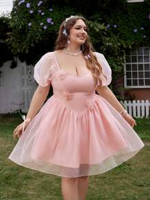 Lyrianda Plus Size Spring/Summer Romantic Vacation 3D Floral Puff Sleeve Dress
