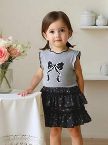 2pcs Girls Set: Bow Applique Tank Top With Ruffle Hem + Cute Cake Skirt - Grey - View 8