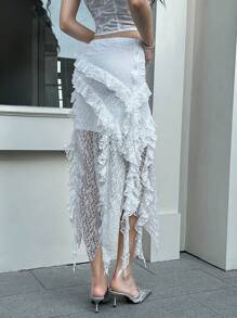 SHEIN MOD Weiß Spitzen-Saum asymmetrischer Rüschensaum Rock - Weiss - Übersicht 2
