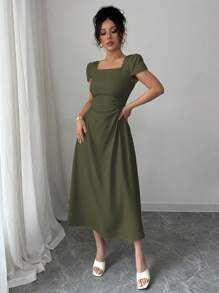 Elenzga Váy dài tay bồng kiểu Pháp thanh lịch đi làm thường ngày đi nghỉ trà chiều đơn giản cổ vuông tôn dáng eo thời trang cho nữ, xuân/hè - xanh quân đội - Xem 3