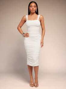 Vixey Solid Mesh Ruched Back Slit Midi Dress, White Graduation Dress, White Dress, Tea Party Dress - White - View 5