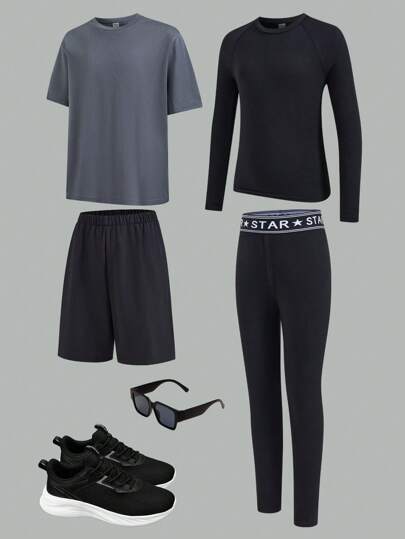 SHEIN Paquete de 4 - Camiseta de cuello redondo deportiva informal, manga larga ajustada, pantalón largo ajustado y shorts deportivos, conjunto multipaquete adecuado para uso diario, escuela, viajes, deportes en primavera y verano, para niños preadolescentes