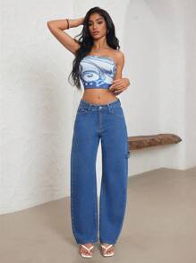 SHEIN ICON Jeans rectos de bolsillo sesgado de uso diario casual para mujer